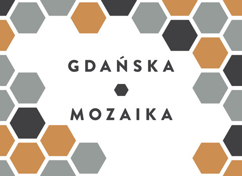 Grafika w centrum ma napis Mozaika Gdańska, wokół kompozycja sześciokątnych plastrów miodu. 