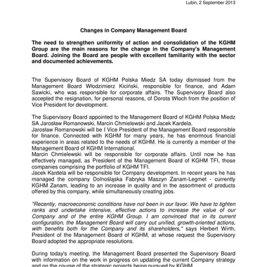 Changes in Company Management Board