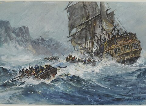 Zdjęcie ukazuje grafikę okrętu i łodzi na wzburzonym morzu. 