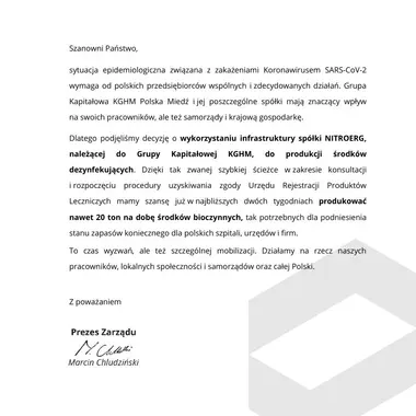 List prezesa KGHM Marcina Chludzińskiego [.PDF]