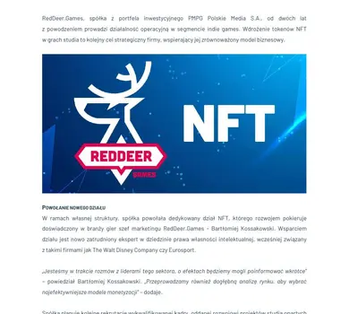 2022 02 09 REDDEER GAMES WKRACZA W ŚWIAT NIEWYMIENNYCH TOKENÓW NFT