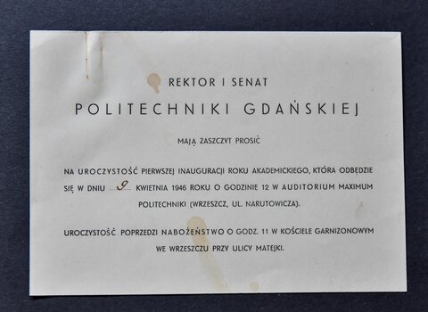 Zaproszenie na pierwszą inaugrację roku akademickiego na Politechnice Gdańskiej po II wojnie światow
