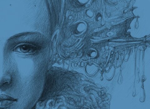 Grafika konkursu. Fragment obrazu Kryształowa Dama. Kadr na twarz kobiety.  