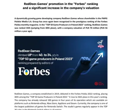 2023 08 02 RedDeer Games' promotion in the Forbes ranking and a significant increase in the company'