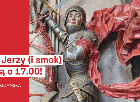 Grafika programu Czwartki w Muzeum Gdańska.Na czerwonym tle rycerz, św. Jerzy z wyciągniętym mieczem. 
