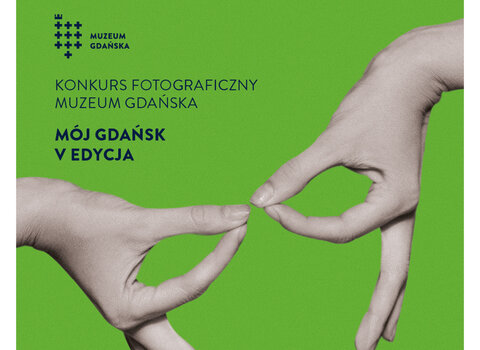 Grafika. Dwie dłonie ułożone w gest okularów. Na grafice logotypy instytucji oraz napis Konkurs fotograficzny Mój Gdańsk 2024. 