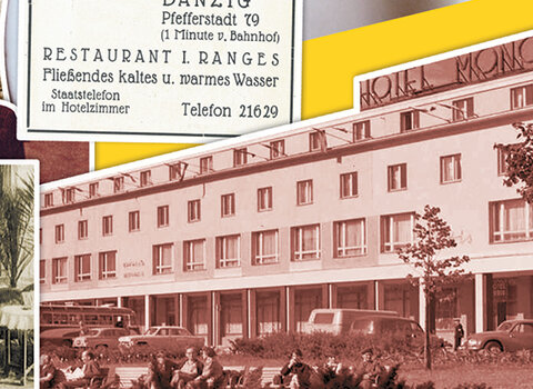 Grafika zbiórki pamiątek z informacjami o możliwości przekazania pamiątek. Na grafice zdjęcia budynków dawnych gdańskich hoteli. 
