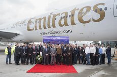 The Emirates and Boeing delivery teams  celebrate the delivery of the last Boeing 777-300ER A6-EQP.jpg