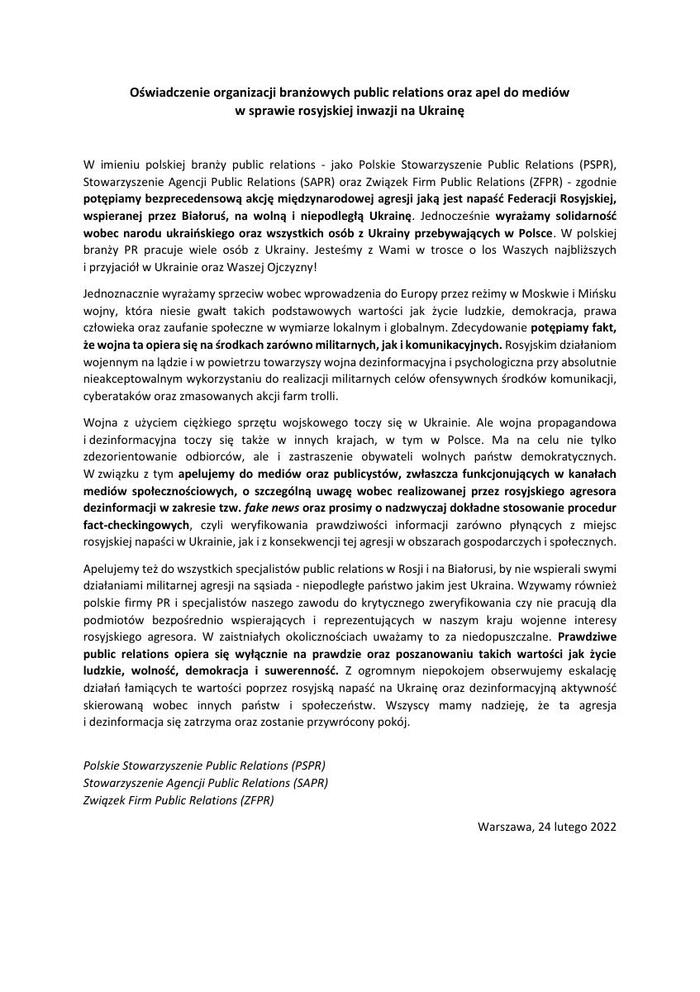 2022-02-24 Oświadczenie branży PR ws  Ukrainy