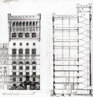 Fasada i przekrój budynku PAST. Około 1908 roku