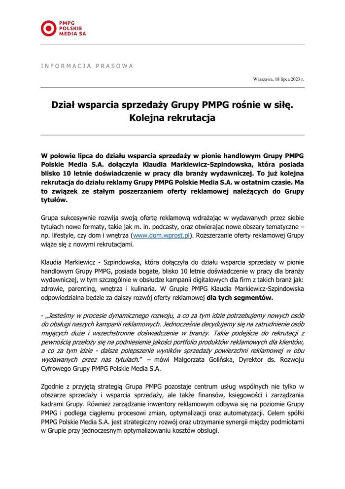 Dział wsparcia sprzedaży Grupy PMPG rośnie w siłę - Informacja prasowa
