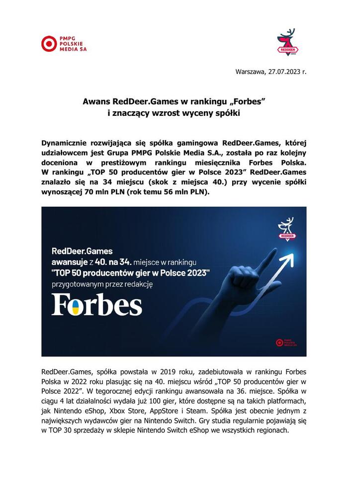 2023 07 27 Awans RedDeer Games w rankingu Forbes i znaczący wzrost wyceny spółki