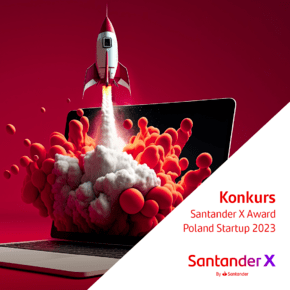 Grafika przedstawiająca startującą rakietę z napisem Santander X Award Poland Startup 2023. 