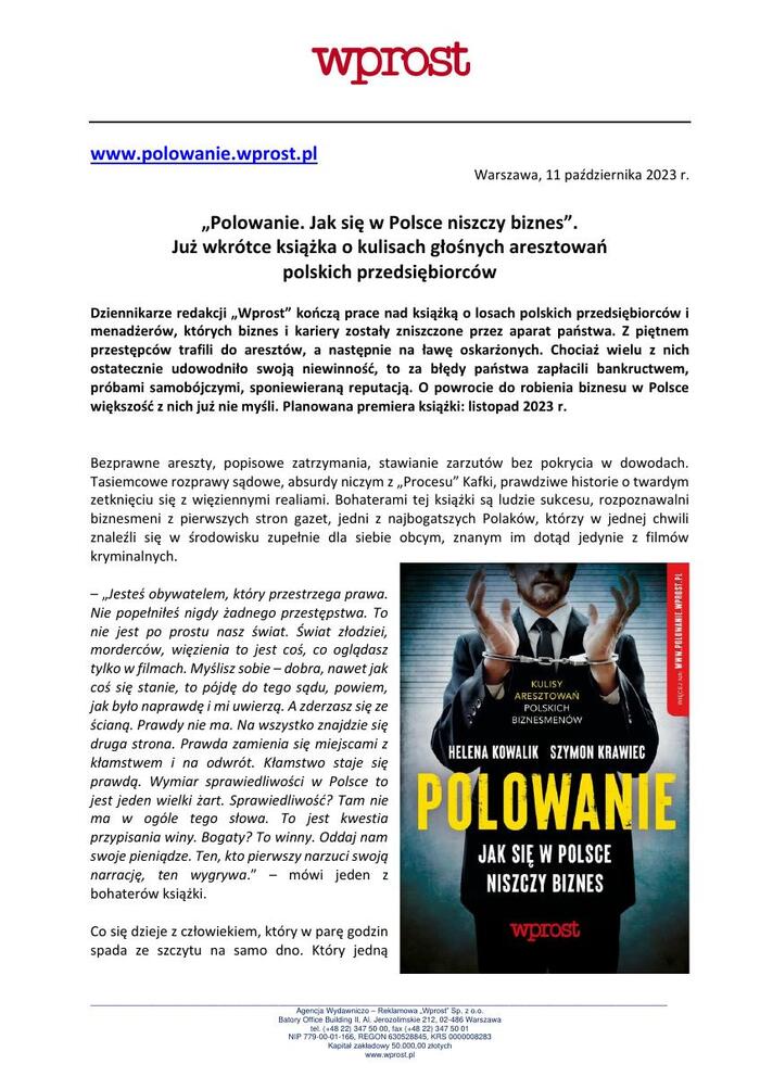 Polowanie  Jak się w Polsce niszczy biznes - zapowiedź książki  Informacja prasowa