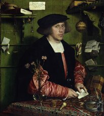 Hans Holbein Młodszy, Portret kupca gdańskiego Georga Giesego w kantorze hanzeatyckim w Londynie w 1532 r_, Ze zbiorów Staatliche Museen w Berlini.jpg
