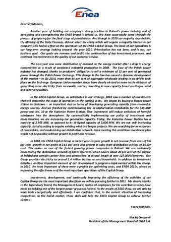 Letter of the President of the Management Board