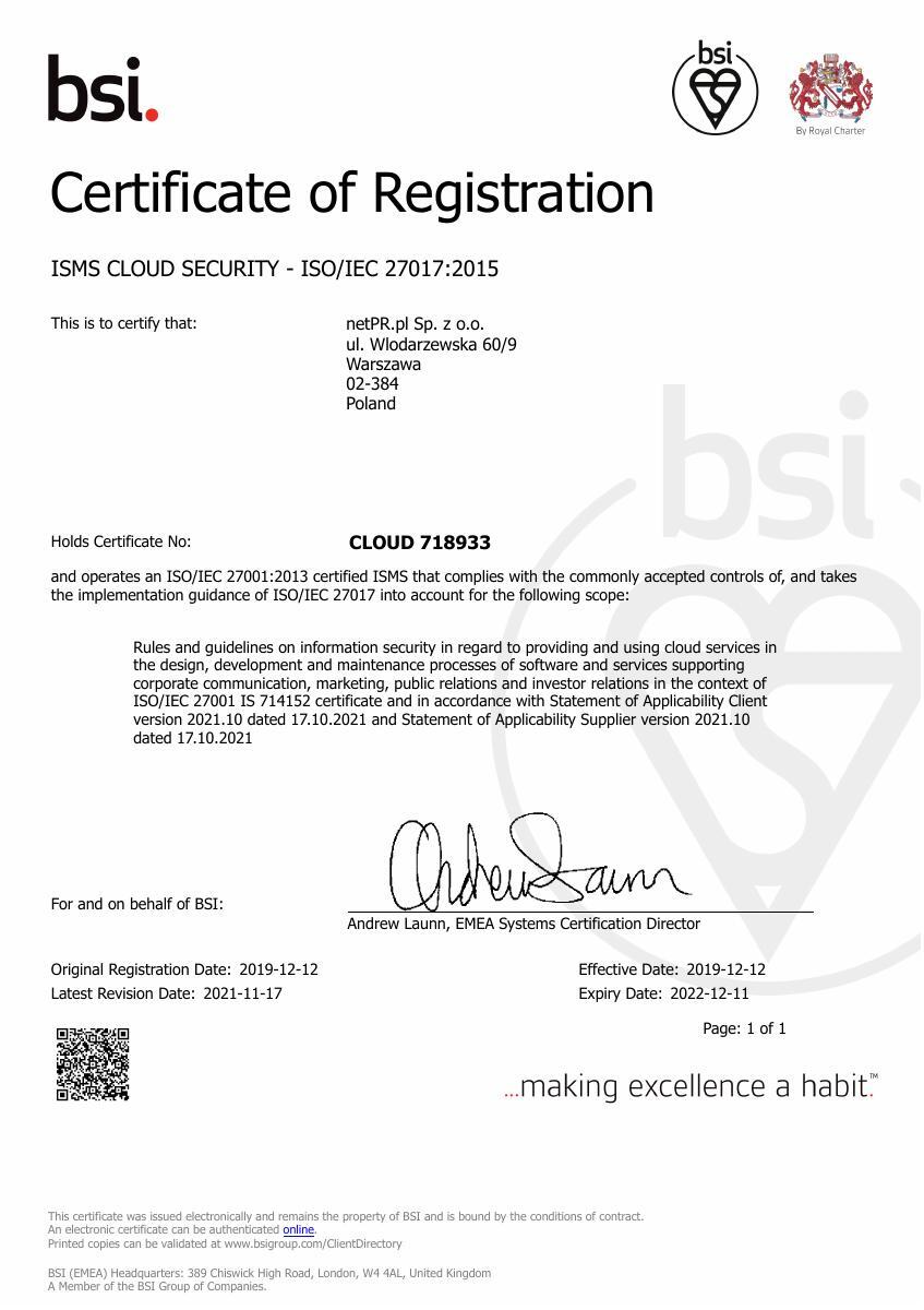 Certyfikat ISO/IEC  27017:2015 dla netPR.pl - wersja angielska (718933)2021