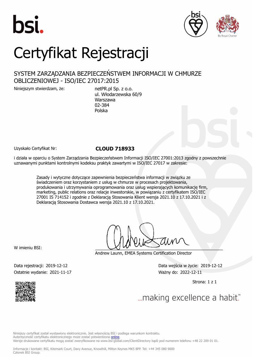 Certyfikat ISO/IEC  27017:2015 dla netPR.pl - wersja polska (718933)2021