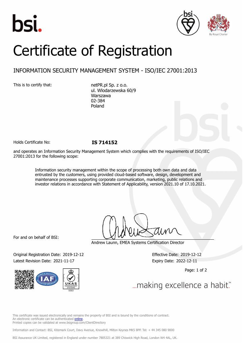 Certyfikat ISO/IEC  27001:2013 dla netPR.pl - wersja angielska (714152)2021