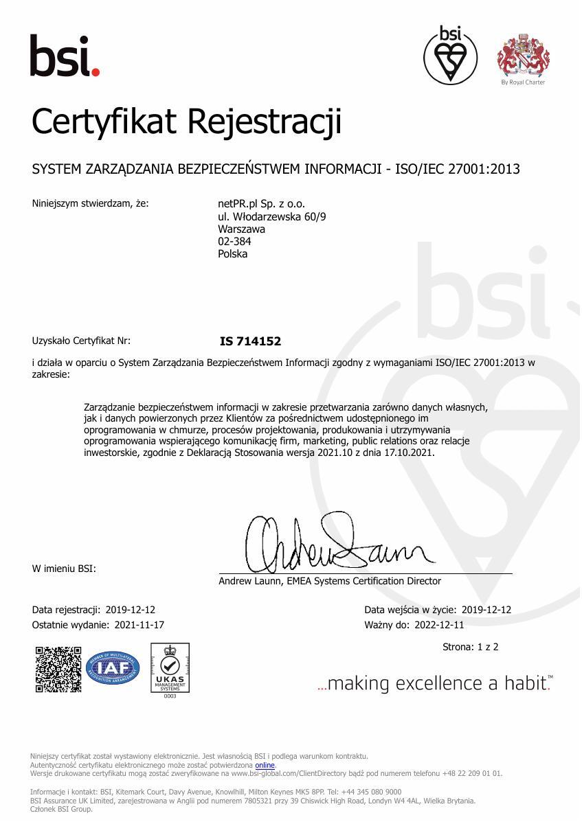 Certyfikat ISO/IEC  27001:2013 dla netPR.pl - wersja polska (714152)2021