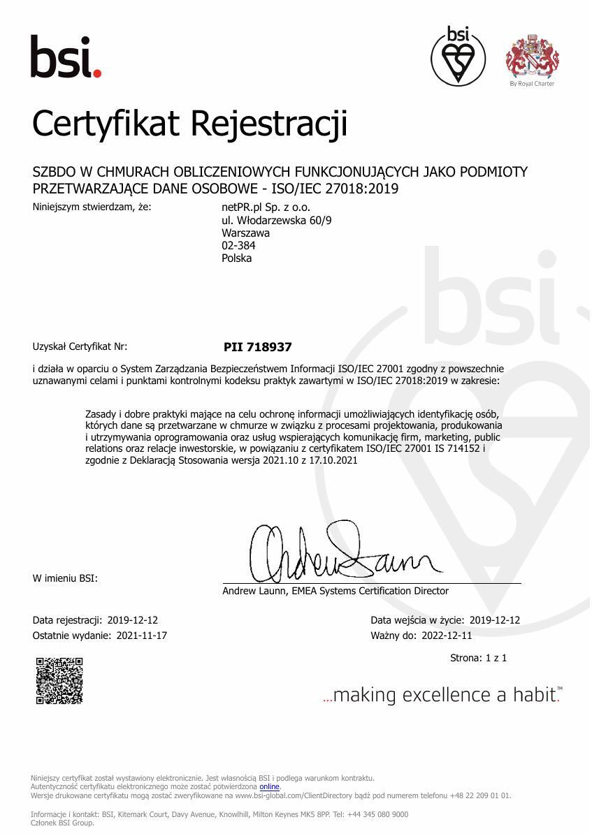 Certyfikat ISO/IEC  27018:2019 dla netPR.pl - wersja polska (718937)2021