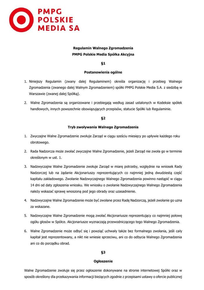 Regulamin Walnego Zgromadzenia PMPG Polskie Media S A 