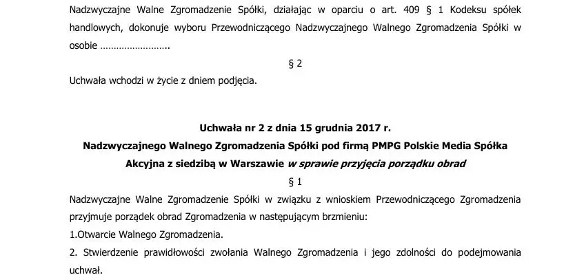 Projekty uchwał Nadzwyczajnego Walnego Zgromadzenia Spółki PMPG Polskie Media Spółka Akcyjna zwołanego na dzień 15 grudnia 2017 roku