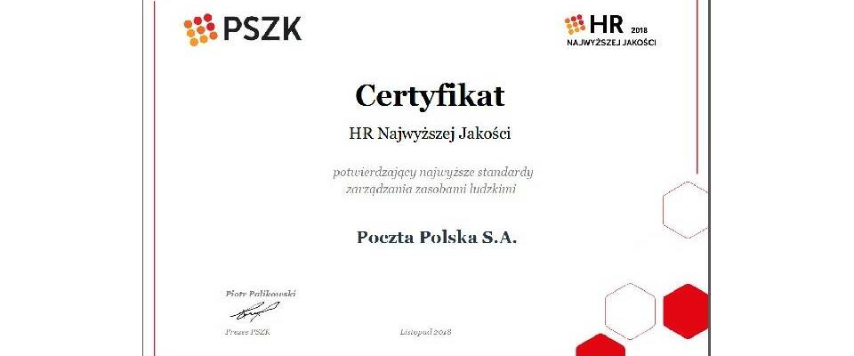 Poczta Polska laureatem „HR Najwyższej Jakości”