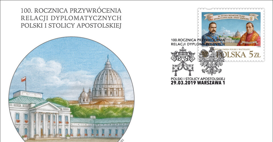 Wspólny znaczek Poczty Polskiej i Watykańskiej z okazji 100. rocznicy przywrócenia relacji dyplomatycznych Polski i Stolicy Apostolskiej