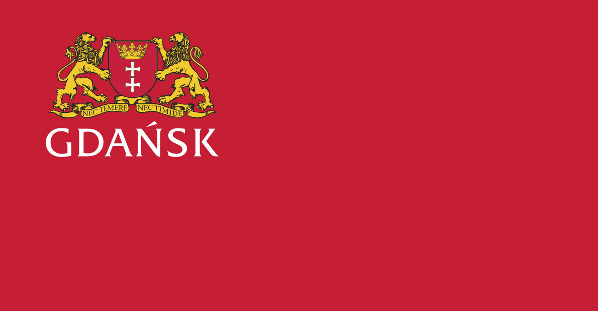 Czerwona grafika z logo Gdańska w lewym górnym rogu. 