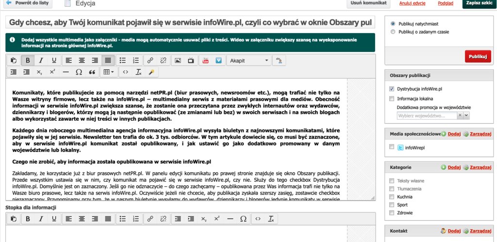 Gdy chcesz, aby Twój komunikat pojawił się w serwisie infoWire.pl, czyli co wybrać w oknie Obszary publikacji?