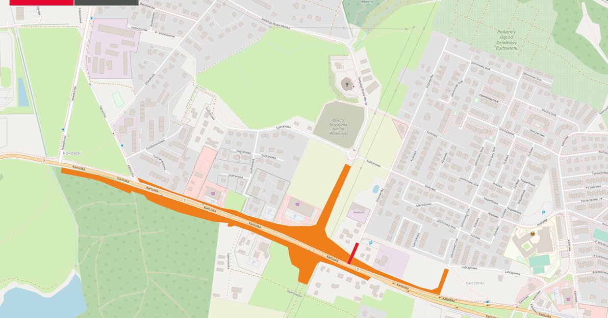 Mapa pokazująca ulicę Inżynierską oraz najbliższą okolicę