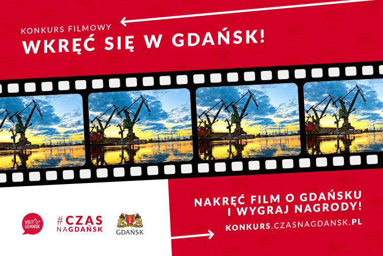 Plakat akcji Wkręć się w Gdańsk - nakręć film o Gdańsk, klisza filmowa z powtarzającym się motywem dźwigów portowych