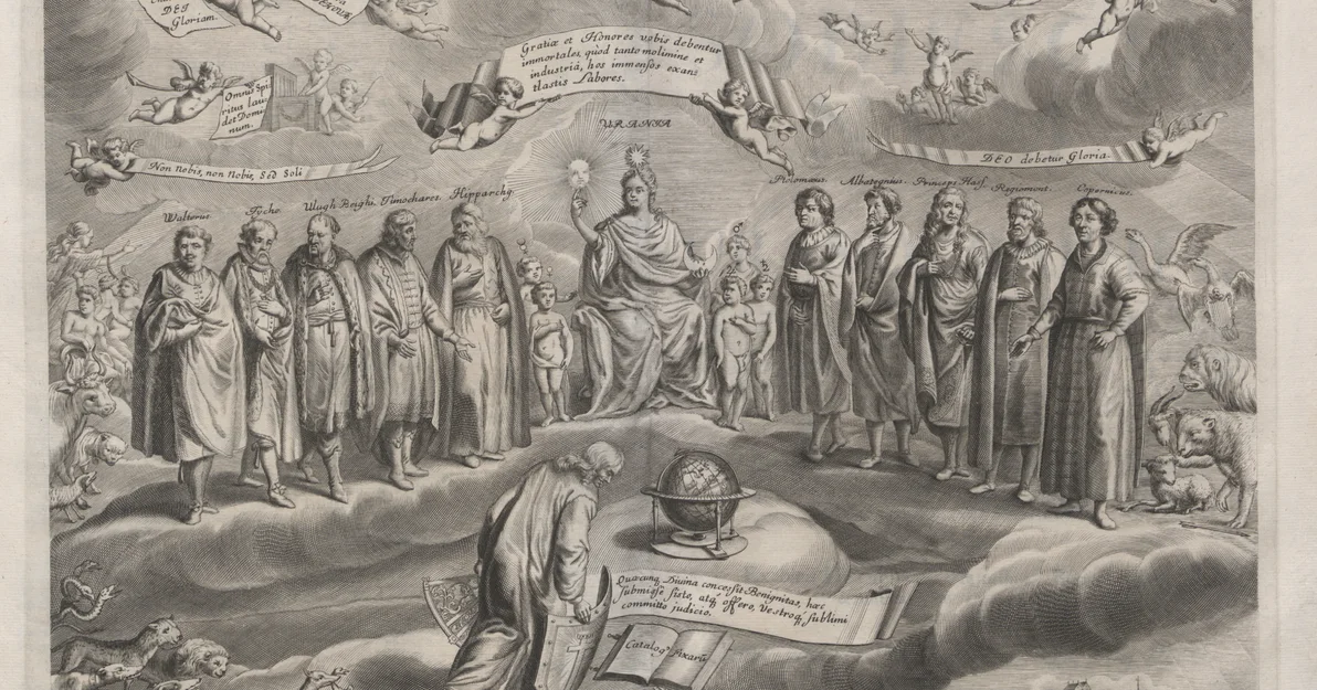 Frontyspis  Firmamentum Sobiescianum J  Heweliusza  Astronom składa pokłan swoim wielkim poprzedniko
