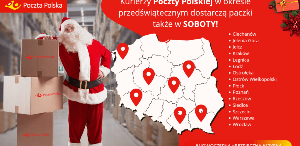 Kurierzy Poczty Polskiej w okresie przedświątecznym dostarczą paczki także w soboty