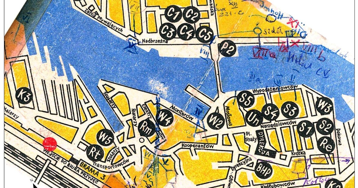 kolorowa stara mapa ukazująca tereny Stoczni Gdańsk i przebiegające przez nią ulice