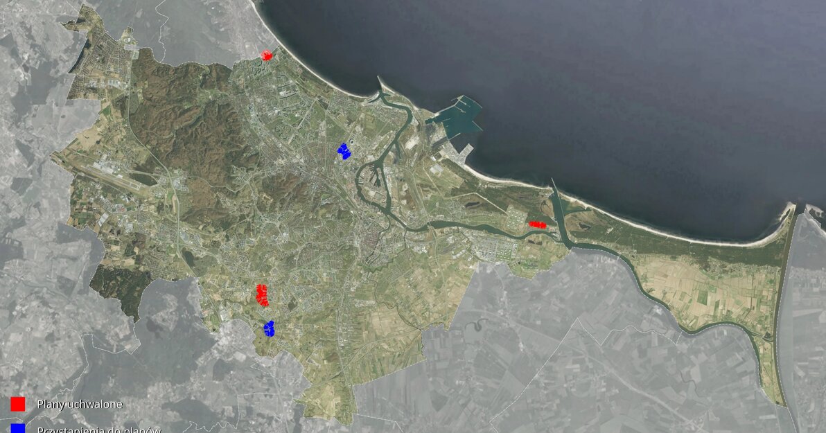 Mapa Gdanska z zaznacznymi granicami planow uchwalonych oraz planow przystapionych na sesji RMG