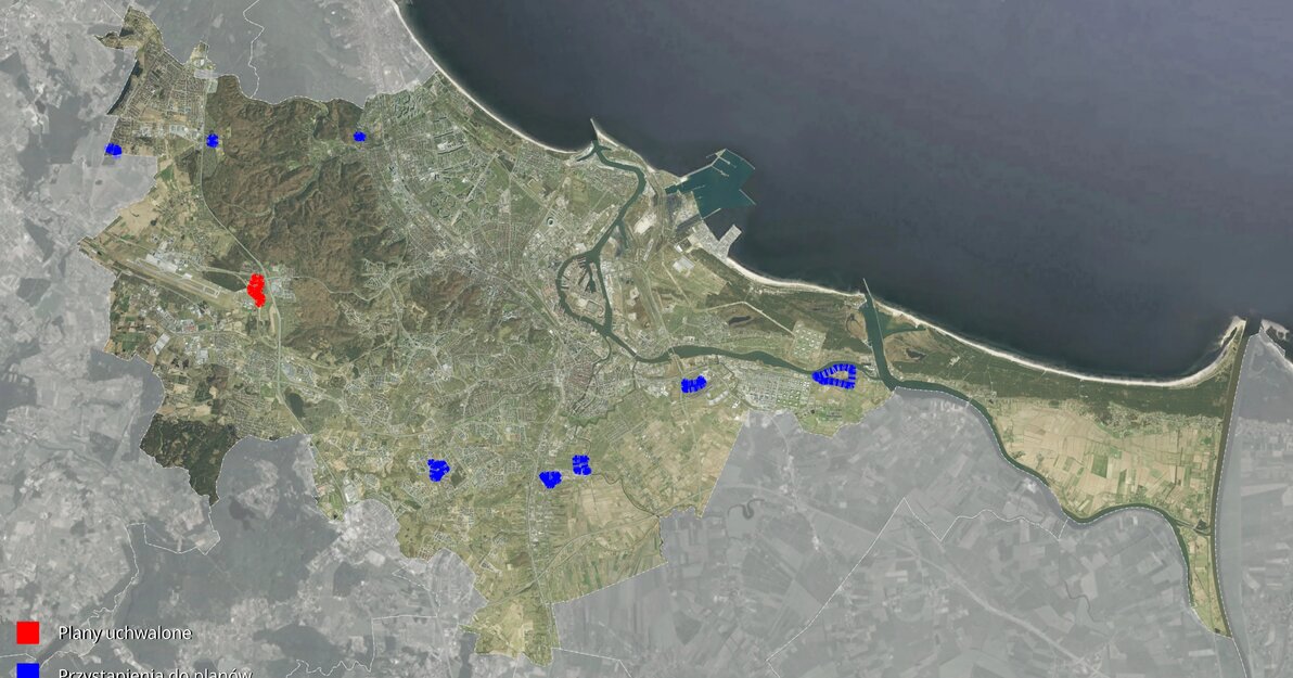 mapa Gdanska z zaznaczonymi granicami planow