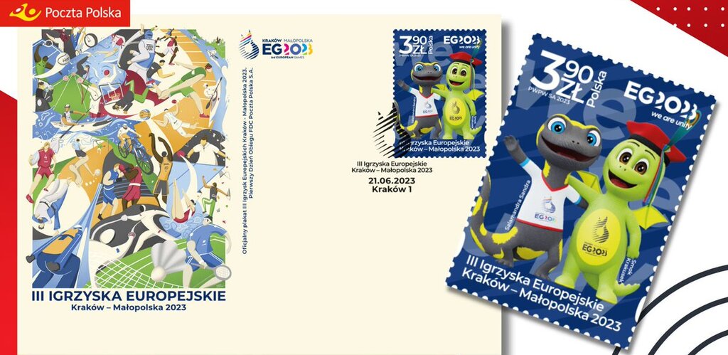 💪Rozpoczynające się @eg2023pl to najważniejsza wielodyscyplinarna impreza sportowa na Starym Kontynencie🌍🏆! 📯Mamy zaszczyt przedstawić Wam specjalny znaczek pocztowy z oficjalnymi maskotkami igrzysk: Smokiem Krakuską i Salamandrą Sandrą🐉🦎.