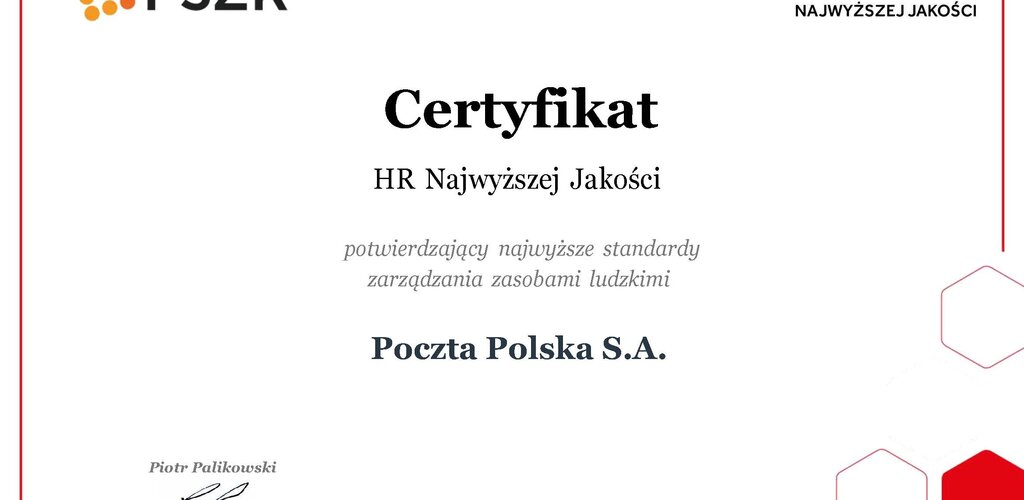 Poczta Polska z kolejnym certyfikatem HR Najwyższej Jakości