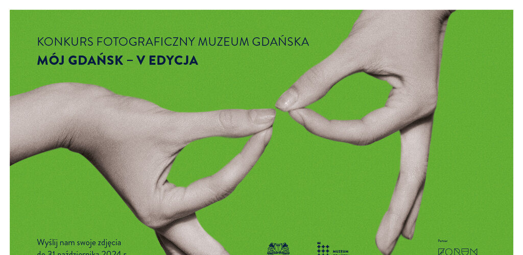 Grafika. Dwie dłonie ułożone w gest okularów. Na grafice logotypy instytucji oraz napis Konkurs fotograficzny Mój Gdańsk 2024. 